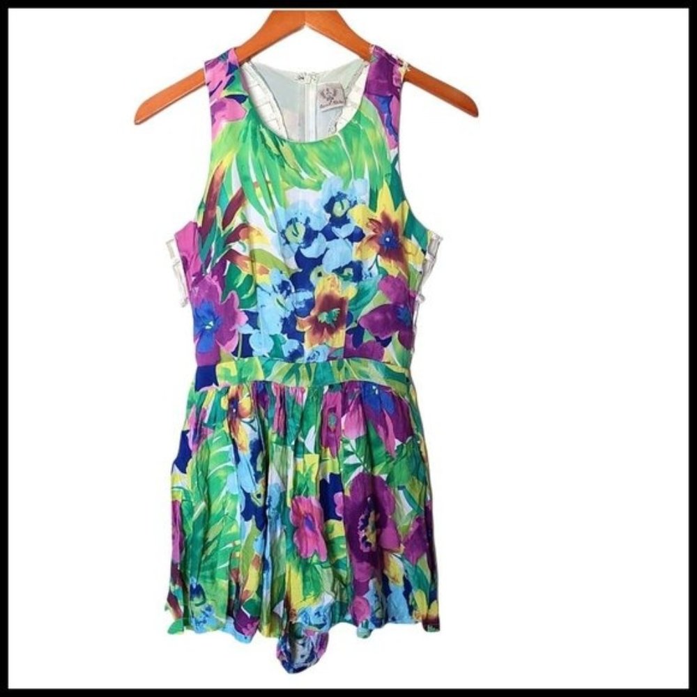 Angel Biba Floral Romper Green Watercolor Open Strappy Back size 6